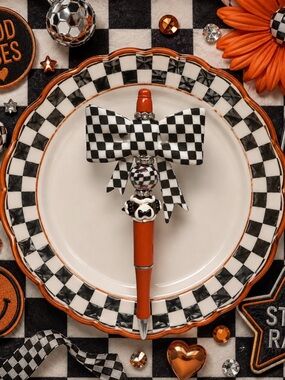 Handmade Orange and Black Check Bow Pen - Decorative Home Office Stationery